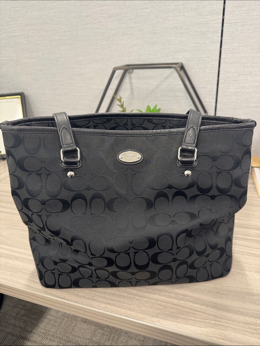 Coach Black Signature Jacquard Shoulder Tote with Logo Plaque
